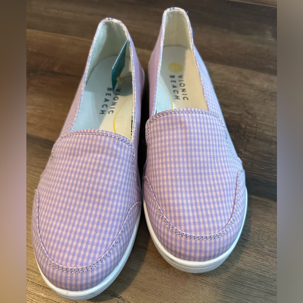 Vionic Beach NWT Women’s Manzanita Purple Gingham Print Flats- Size 8.5